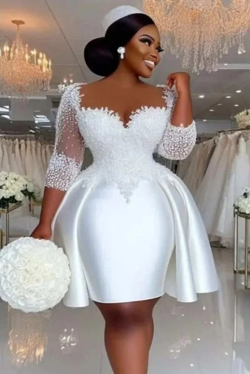 New short sheer neck half sleeves lace appliques pearls satin bridal gown wedding dress 2026 – Pollyanna Events