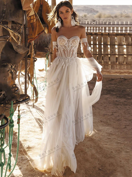 Bohemia trouwjurken Vintage Bridal Jurken A-Line Tule gelaagde gewaden Sexy Backless Illusion Off the Shoulder Vestidos de Novia