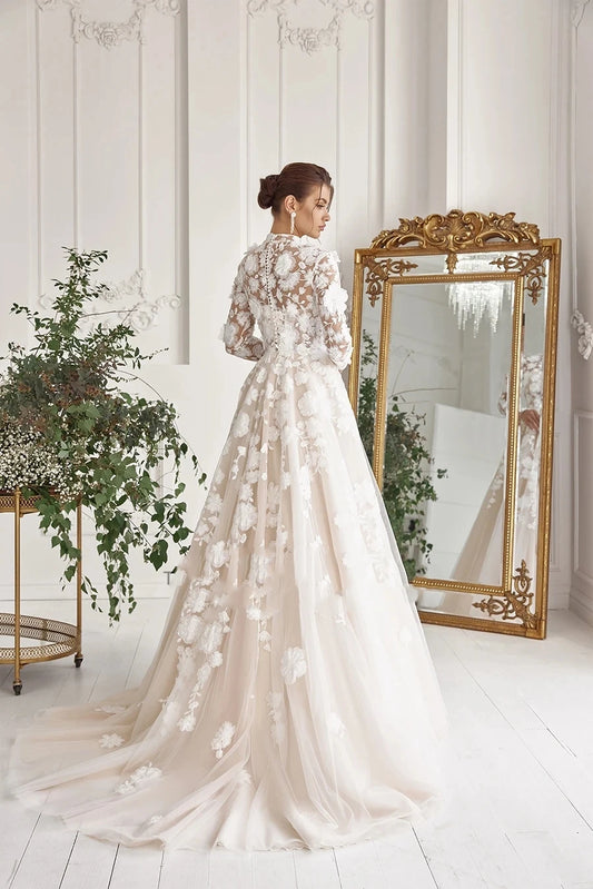 Exquise trouwjurken elegante bruidsjurken kanten appliques hoge nek lange mouwen gewaden voor bruid a-line vestidos de novia