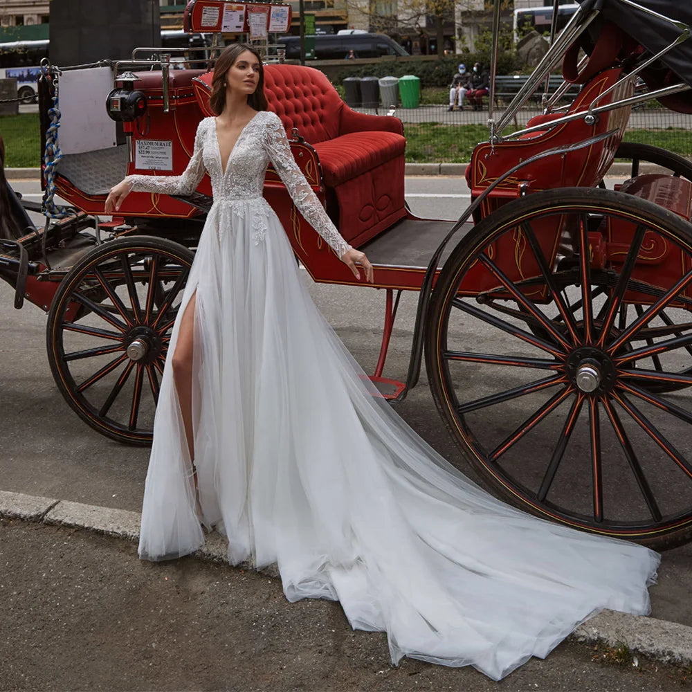 Чарівні весільні сукні A-Neck A-Line з довгими рукавами мереживоні аплікації Весільна сукня Висока сторона розкол без спини Вестидо де Новія