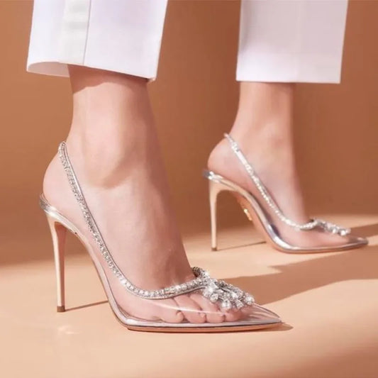 Star style Fashion Crystal Women Sandals Elegant High heels Mules Soft PVC Gladiator Sandals Summer Female Prom Wedding shoes