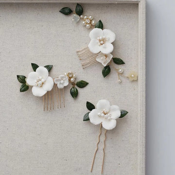 Wedding Accessories Porcelain Flower Hair Pin Clip Leaf Hairpins For Brides Bridesmaids Gold Color Head Pieces Bridal Jewelry