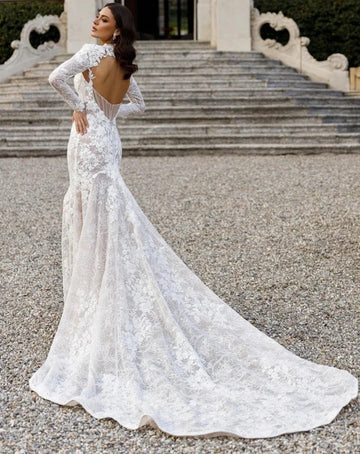 Romantic High Neck Open Back Mermaid Wedding Dresses Long Sleeve Appliques Lace High Split Bridal Gowns Robe De Mariée