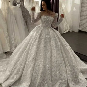 Customized  Scoop Beads Sequins Wedding Dress Long Sleeves Ballgown Puffy Robe De Mariée Bridal Gowns Vestidos De Novia