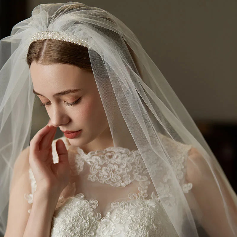 Pearls Headbands Headpieces Lace Veil Headdress Bride Women Girl Birthday Gift Hairbands Wedding Hair Accessories Bridal Jewelry