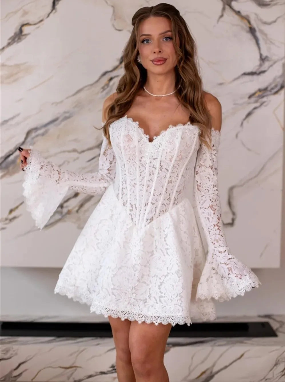 Elegant short lace off shoulder bell sleeves mini bridal party gown beach 2026 – Pollyanna Events