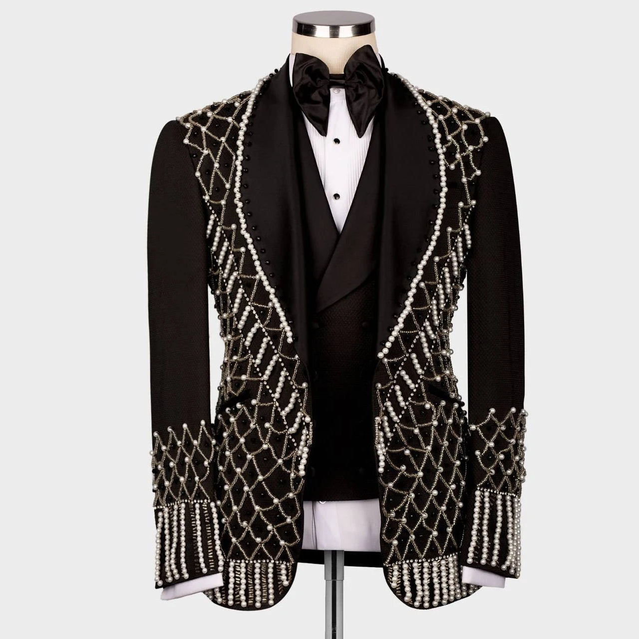 Exquisite Wedding Suits For Men Crystals Beading Blazer Set Formal Groom Custom Tuxedos Black Banquet Party 3 Pieces Male Dress