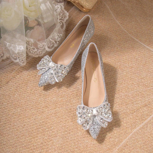 Silver High Heels Shoes Pumps Womens Wedding Shoes Bride Heels Shoes Luxury Bow Pointed High Heels Zapatos Mujer