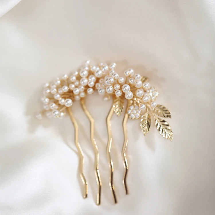 Bridal Jewelry Pearl Hairpin Gold Color Head Piece Bride Party Dinner Dress Handmade Leaf Hair Comb Pin Clip Wedding Accessories