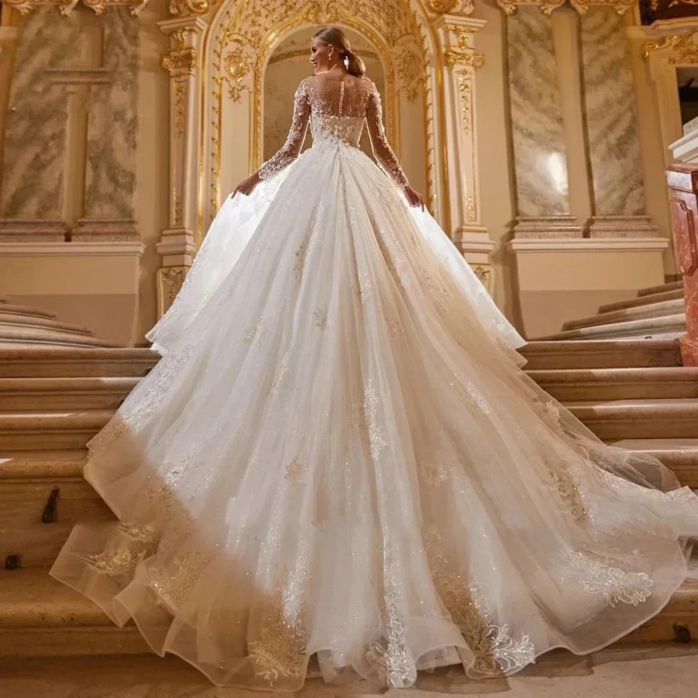 Customized Luxury Ball Gown Bridal Long Sleeve O Neck Wedding Dresses Lace Appliques Robe De Mariee Vestidos de novia