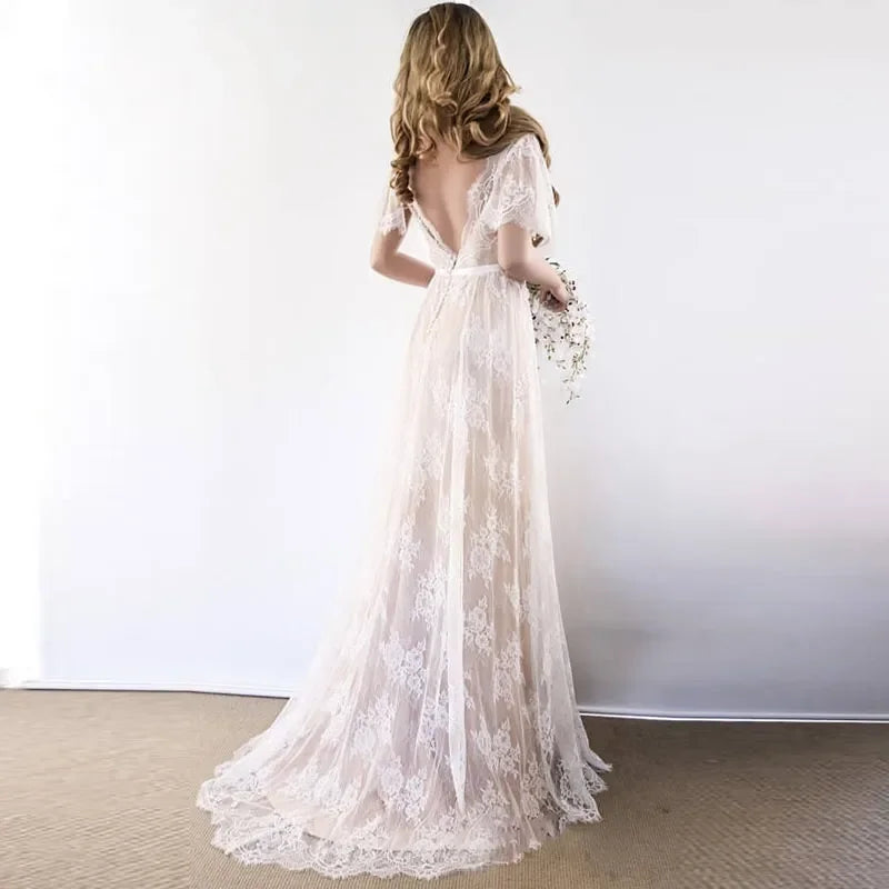 New boho V-neck cap sleeve lace beach bridal gown backless bride dress wedding 2026 – Pollyanna Events