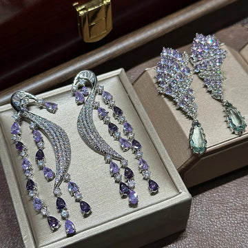Luxury Purple Zircon Bridal Earrings CZ Cubic Zirconia Wedding Earring For Women Brides Accessories Dinner Party Dress Jewelry