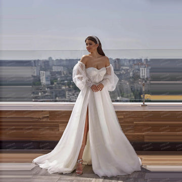 Simple A Line Wedding Dresses Woman's Sexy Appliques Off Shoulder Long Sleeve Princess Bride Gowns Vestidos De Novia Customized