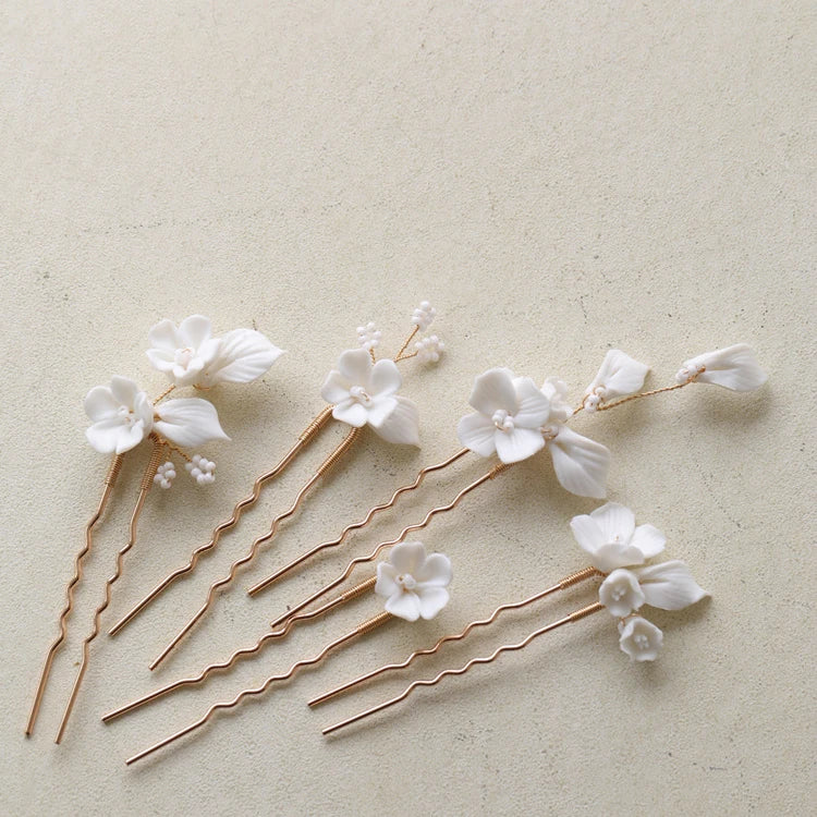 Bridal Jewelry Gold Silver Color Hairpin Porcelain Flower Hair Pin Clip Brides Women Head Piece Headdress Wedding Accessories