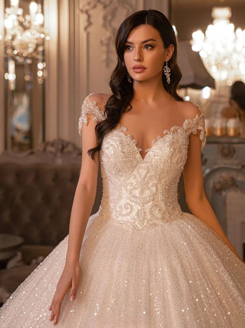 Класична весільна сукня з коротким рукавом O-Neck Serkly Beads Bridal Suth витончений кульковий сукня довга наречена халат Vestidos de novia