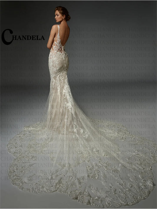 CHANDELA Champagne Mermaid Wedding Dresses Appliques Spaghetti Straps Bridal Gown Vestidos De Novia Personalised For Women