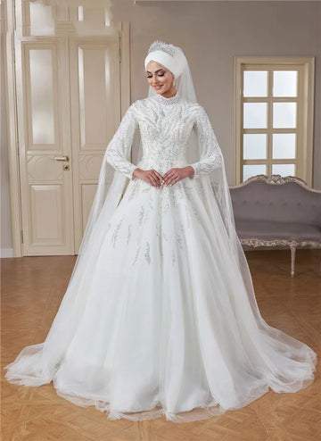 customized Muslim Wedding Dress High Neck Luxury Sequins Islamic Bridal Gown Arabic Dubai Kaftan Vestidos De Novia Women Dress