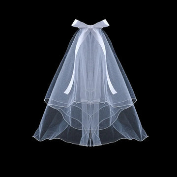 Two Layers Wedding Veils With Comb Short Tulle Bridal Veil Bow Beads Ribbon Edge Wedding Accessories