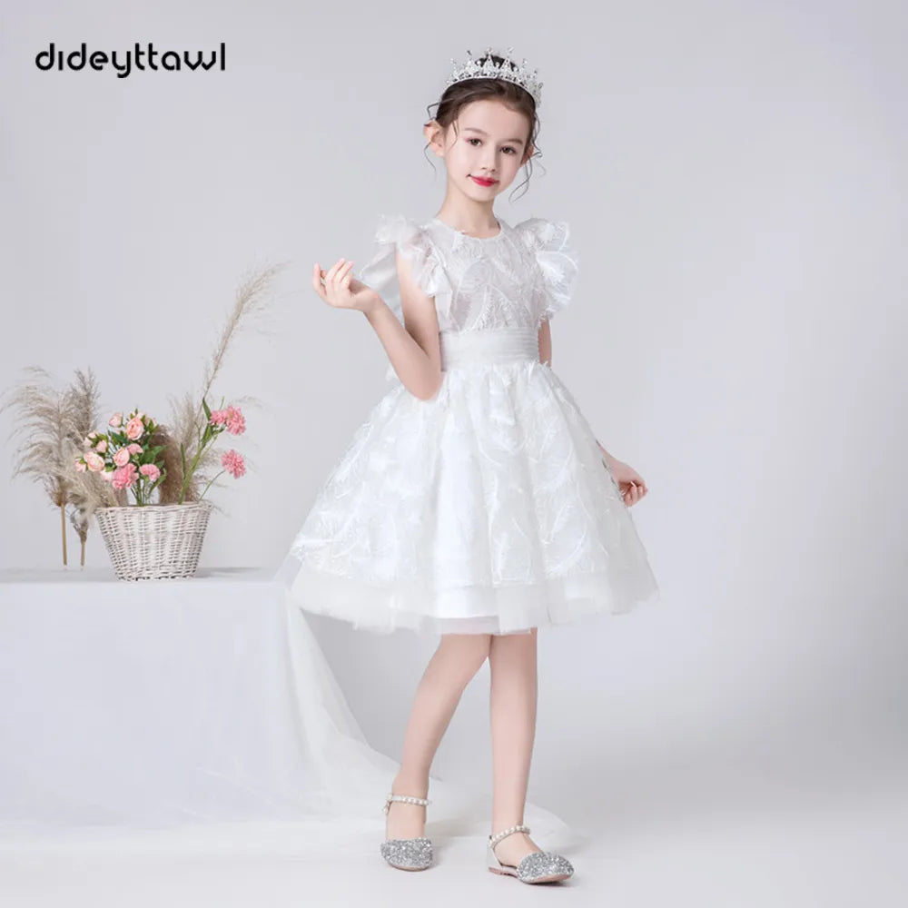 Kid Flower Girl Dresses For Wedding Birthday Party White Feathers Formal Princess Dress Short Pageant Gowns Cute