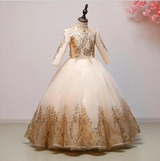 Elegant meisje jurken gouden pailletten kant prom prinses formele jurk lange mouw bloemenmeisje jurk optocht feestje bruiloft baljurk