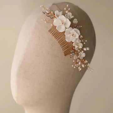 Wedding Accessories Porcelain Flower Hairpin Gold Color Head Piece Pearl Hair Combs Clip For Brides Birthday Gift Bridal Jewelry