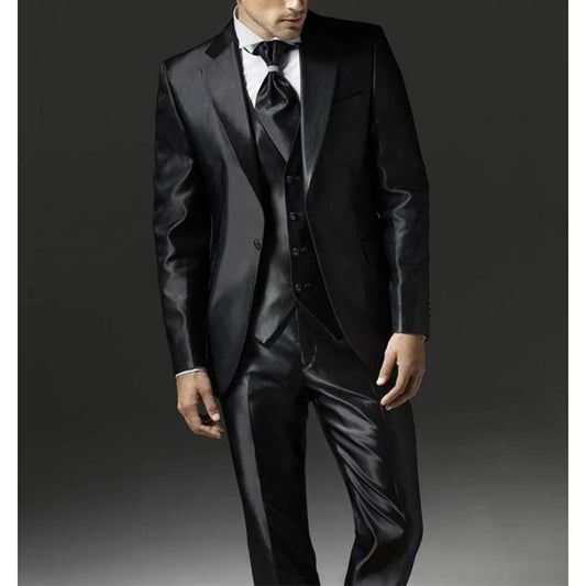 Blazer Men Pakken Vest Jacket broek Zwart Drie -delige ingekapte revers Satin Luxury kostuum Hombre Wedding Groom