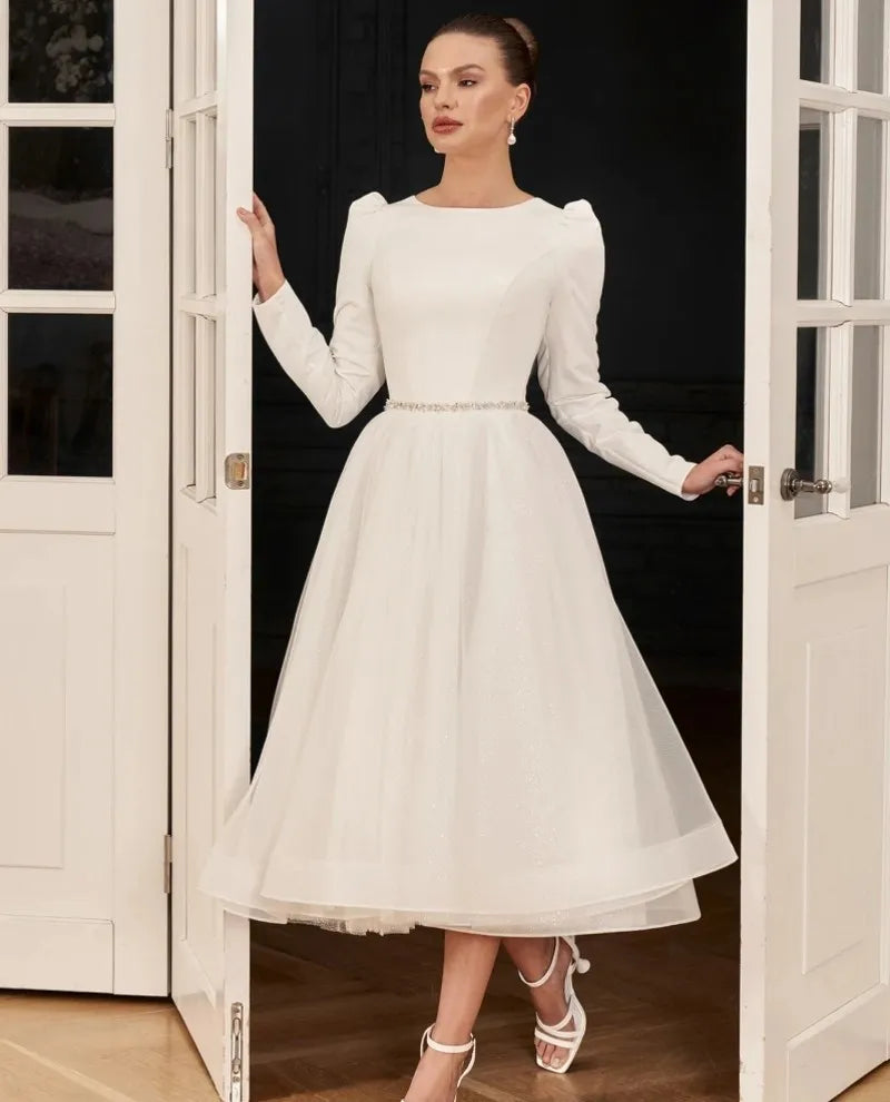 Classic short long sleeves satin tulle ankle length civil wedding dress bridal gown – Pollyanna Events