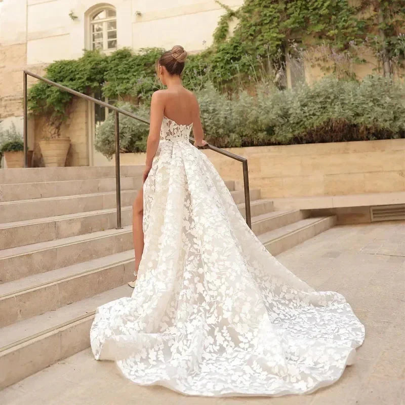 New A-line sweetheart full lace sleeveless side slit boho bridal gown bride wedding dress – Pollyanna Events
