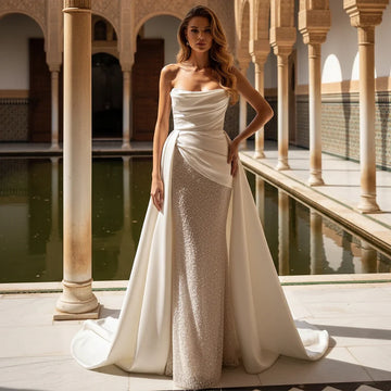 Luxury Sparkly Beaded Mermaid Wedding Dress For Bride Long Pleated Satin Strapless Bridal Party Gown For Women Vestidos Novia
