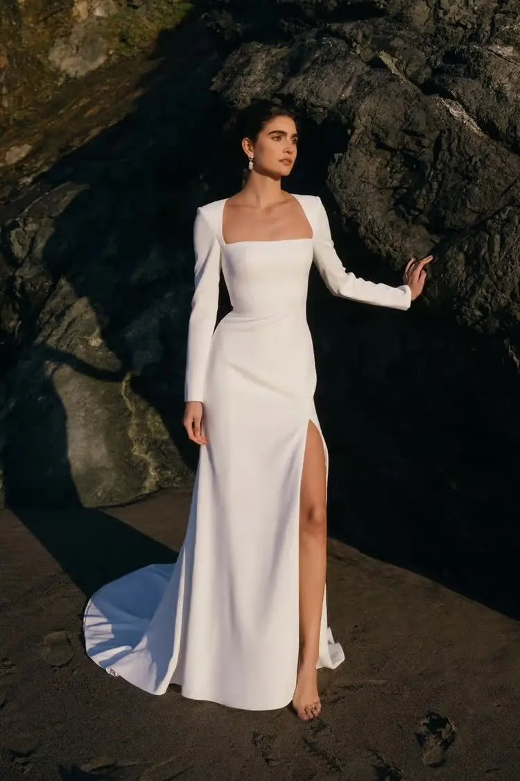 Civil 2025 Crepe Mermaid Wedding Dresses High Slit Formal Wedding Party Dress Long Sleeves Mermaid Bridal Gowns Customized