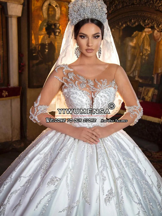 Vestidos de noiva reais de Yiwumensa Apliques de lantejoulas brilhantes vestidos de noiva de cetim 3/4 mangas o pescoço mulheres roupas de festa formal