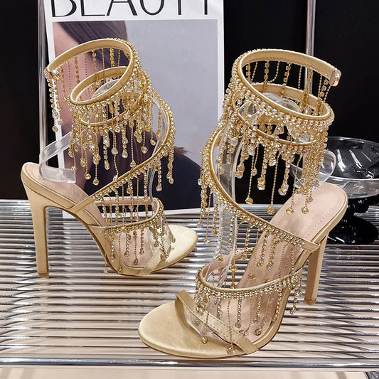 Golden Shoes Fashion Rhinestones Peep Toe Ladies High Heels Crystal Shoes Gladiator Sandals Women Thin Heels Female Footwear