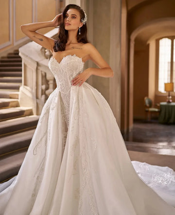 Customized Luxury Wedding Dress,Sweetheart Collar,Sleeveless Mermaid,Detachable trawl Women's Wedding dress Vestidos de novia