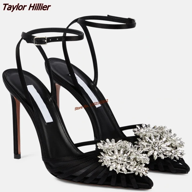 Retro rhinestone flower stiletto pointed toe hollow buckle strap summer elegant sandals ladies 46 – Pollyanna Events