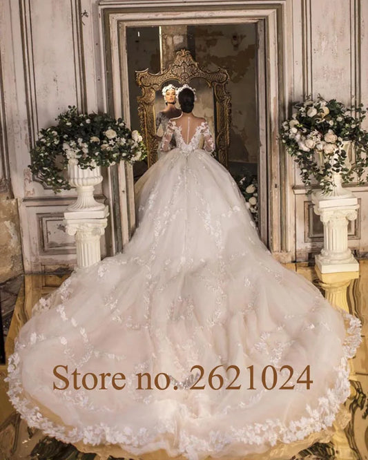 Three Quarter Sleeve Buttons Up Back Beading Sequins Appliques Gorgeous Ball Gown Wedding Dress With Chapel Train