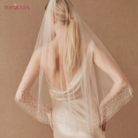 Topqueen Pearls Wedding Veils met kam Bridal Veil Type Laag Dramatisch 1 Tier Pearl Veil Bruil Veils Bead Wedding Veil V157