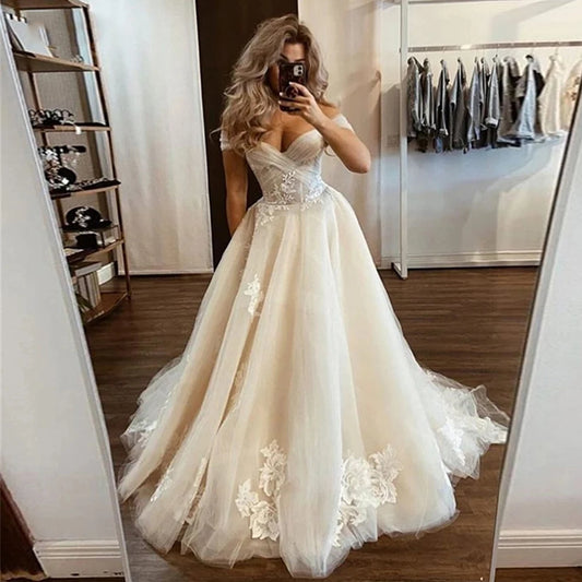Boheemse trouwjurken sexy off-shoulder a-line tule kanten applique elegante bruid jurken 2024 robe de vestidos novia mariée