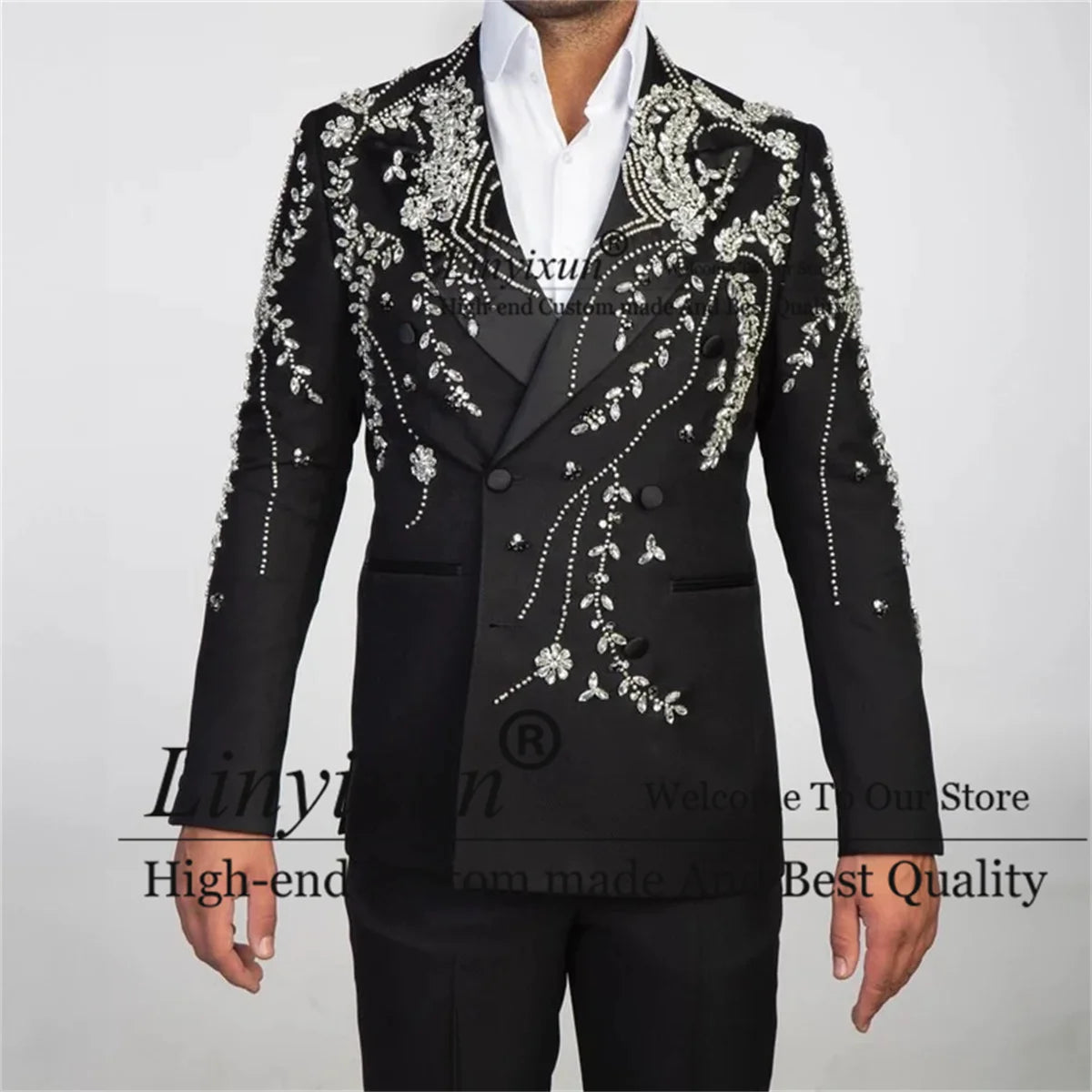 Luxury Beaded Wedding Suits For Men Double Breasted Male Prom Blazers Outfits 2 Pieces Sets Groom Tuxedos Slim Fit Costume Homme