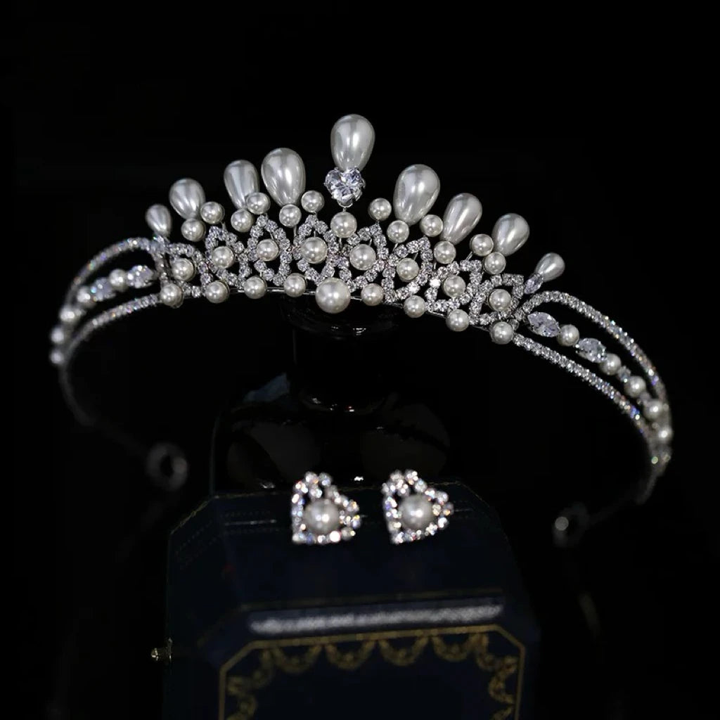 Crystal Pearl Tiaras and Crowns Set Zirconia Diadem For Bride Princess Queen Headband Bridal Hair Jewelry Wedding Accessories