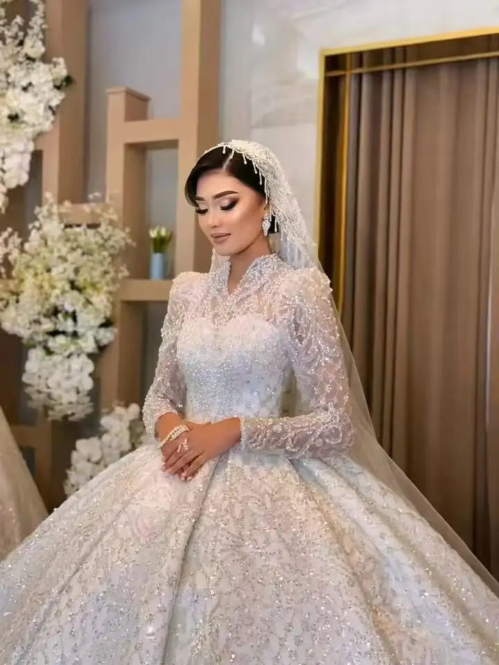 Customized Luxury Pearls Wedding Dresses Beading Sequins Bridal Ball Gowns Long Sleeves Princess Bride Dress Vestidos De Novia
