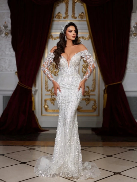 Elegant V-neck Wedding Dress Luxury Sequins Beading Mermaid Bride Robe Shiny Floor-length Bridal Dresses Vestidos De Novia