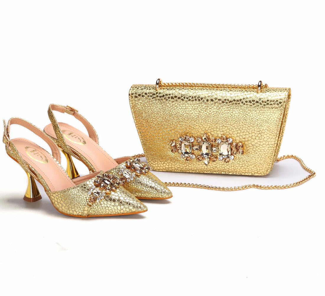 Gold spike heels pointed toe African women shoes matching bag set wedding party – Pollyanna Events