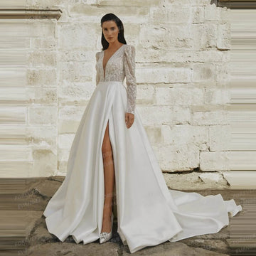 Classic A Line 2025 Wedding Dresses Woman's Sexy V Neck Boho Bride Gowns Side Split Satin Appliques Vestidos De Noche Customized