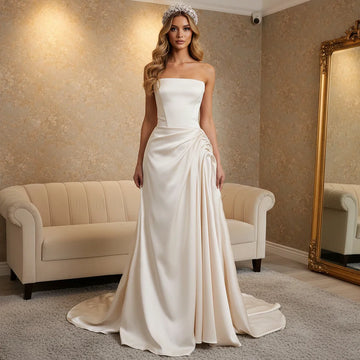 Elegant Vestidos Novia Satin Strapless Wedding Dress With Train A Line Ball Gown For Women Pleated Long Bridal Party Gown