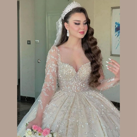 Precioso vestido de boda de encaje de lentejuelas de amor lvory