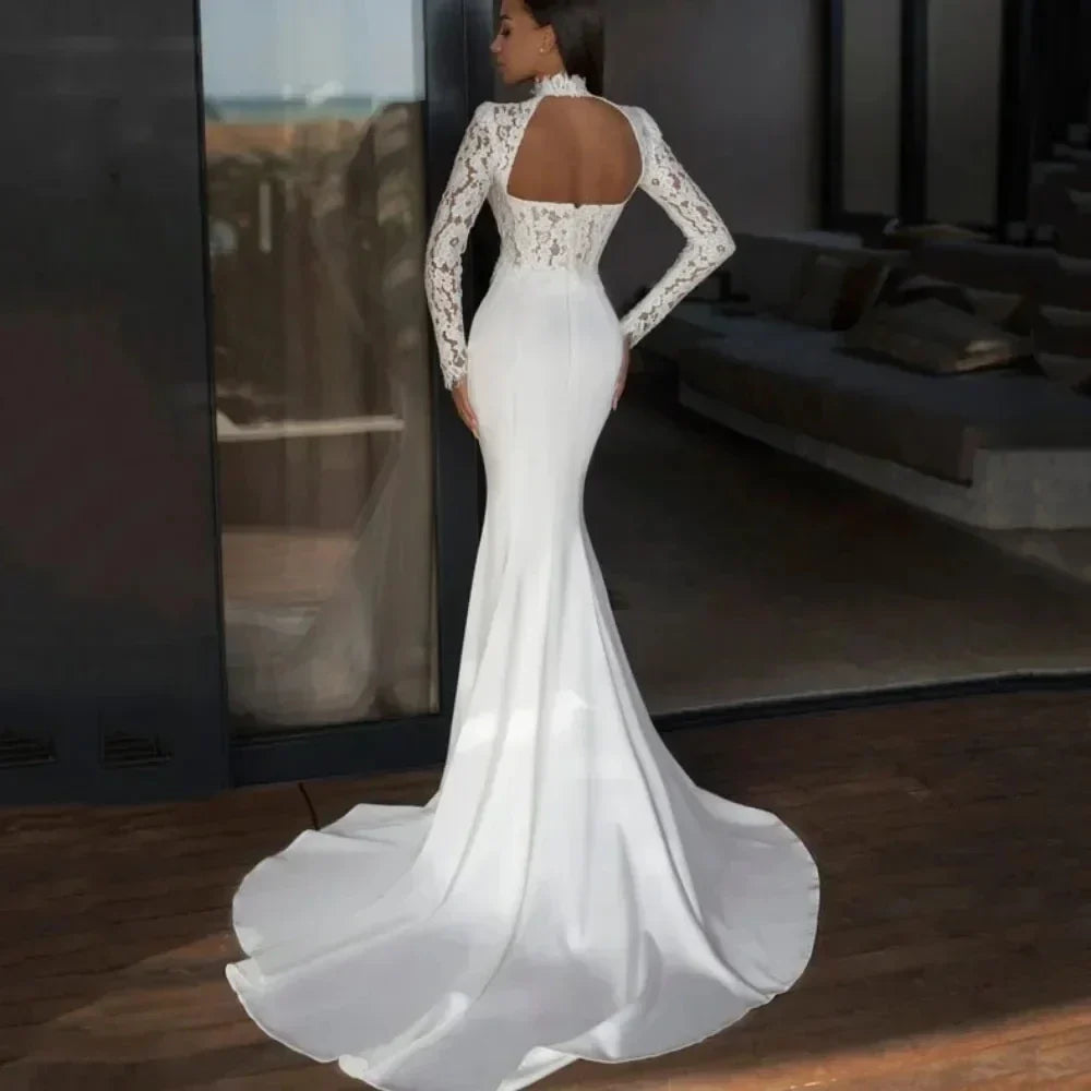New Arrival Wedding Dress High Neck Long Sleeves Top Lace Satin Mermaid Bride Dresses Bridal Gowns Vestidos De Noiva