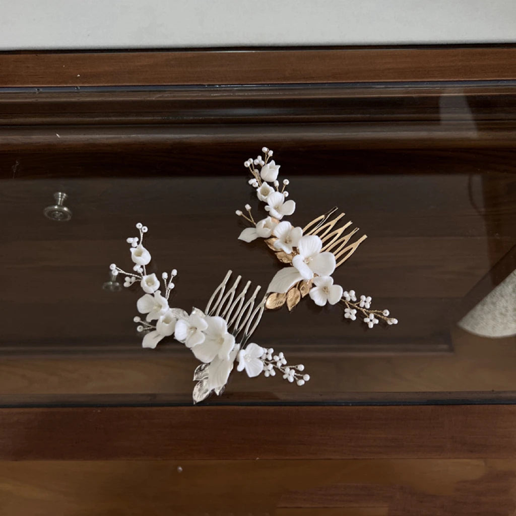 Bridal Jewelry Porcelain Flower Hair Comb Pin Clip Head Pieces Brides Bridemaids Gold Silver Color Hairpins Wedding Accessories