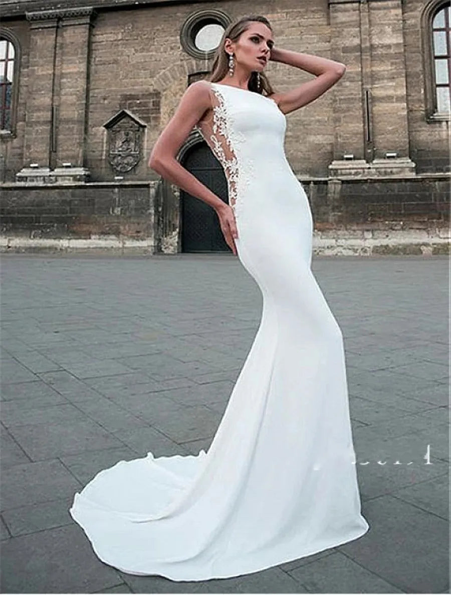 Sexy Mermaid Wedding Dress Bateau Neck Cutout Side Open Back Soft Satin Bridal Gown Elegant Bridal Dress Brides Vestido De Noiva
