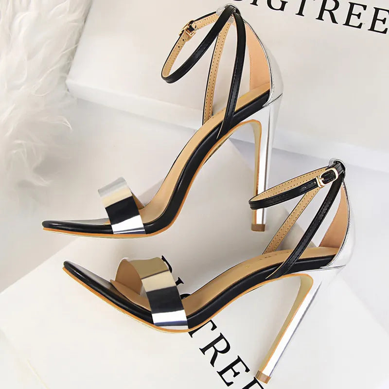 Summer luxury women PU leather super high heels 11cm belt buckle open toe sandals sexy stripper party – Pollyanna Events