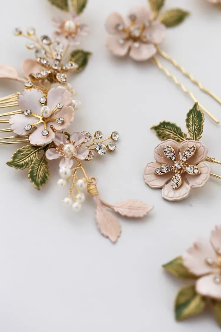 Flower Hair Comb Pin Clip Leaf Head Piece For Brides Bridesmaids Gold Color Hairpins Bridal Jewelry Wedding Accessories